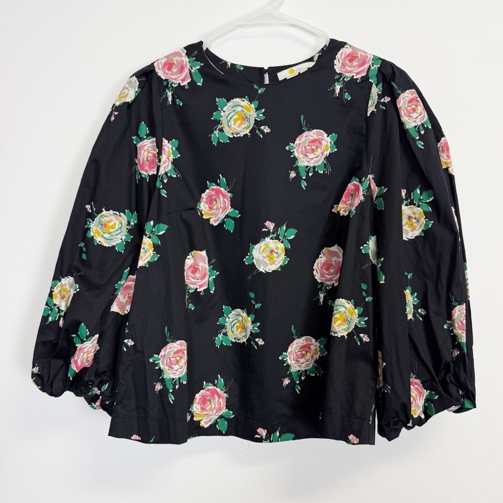 Boden Shirt Womens 8 Black Floral Balloon Sleeve 100% Cotton Blouse Top UK12